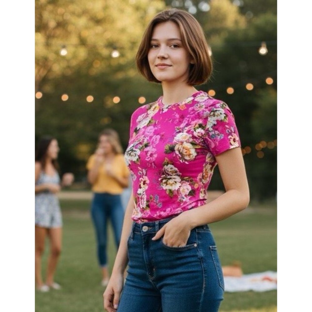 L'Agence NEW womens floral bodycon short sleeve 'Ressi' top Small coquette girl